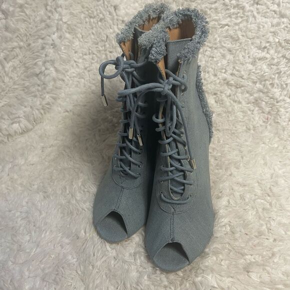 Bella Marie Frayed Denim Peep Toe Lace Up Stiletto Ankle Boots side zipper SZ10 - Picture 6 of 15